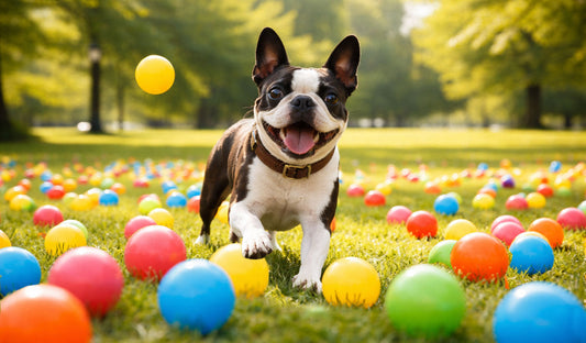 Boston Terrier mit gesundem Immunsystem zwischen bunten Bällen auf einer Wiese.